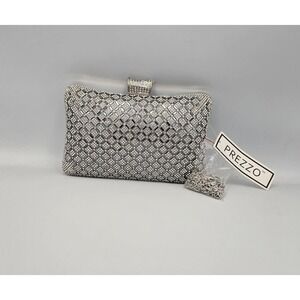 Prezzo Silver Rhinestone Clutch Evening Bag With Attachable Silver Chain NWT